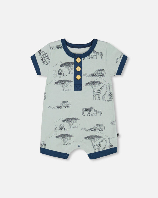 Organic Cotton Romper Sage With Printed Jungle - F30D40_076