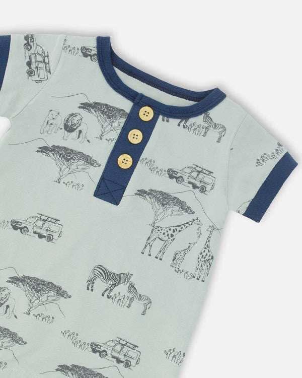 Organic Cotton Romper Sage With Printed Jungle - F30D40_076