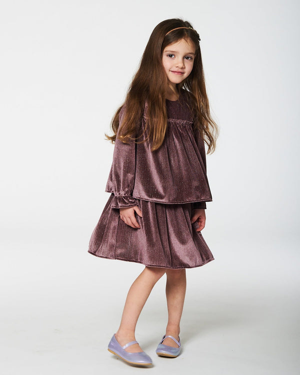 Long Sleeve Metallic Dress With Frills Burgundy Dresses Deux par Deux