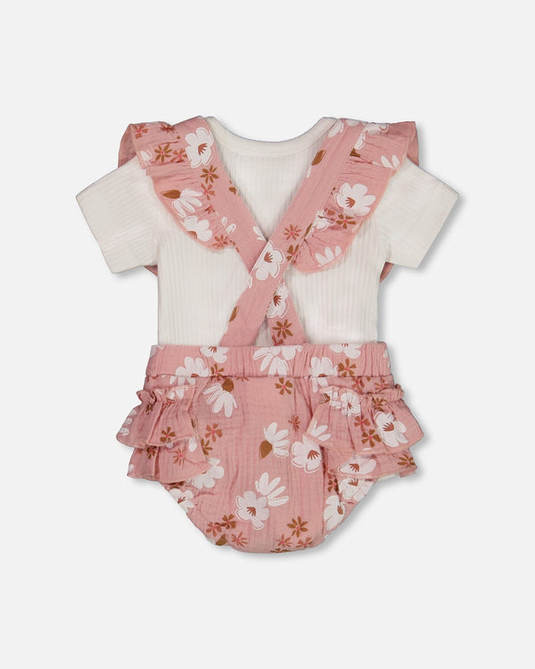 Printed Muslin Short And Organic Cotton Bodysuit Set Pink And White Flowers - G30A13_067