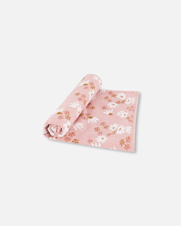 Printed Muslin Blanket Pink And White Flowers - G30AD_067