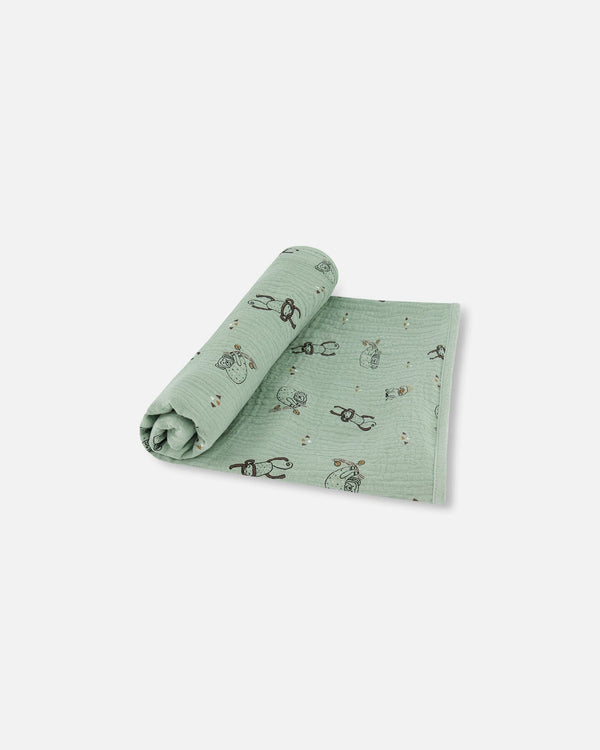 Printed Muslin Blanket Sage Monkey - G30AD_071