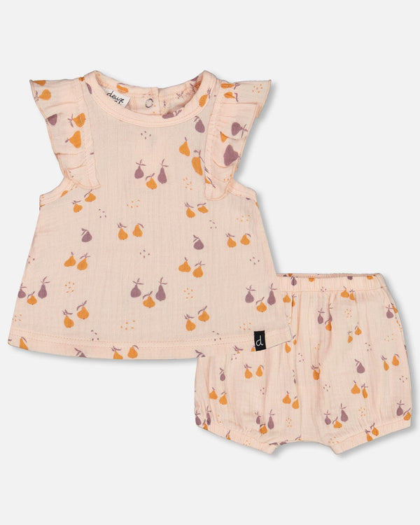 Printed Muslin Top And Bloomer Set Peach With Pears - G30B13_070