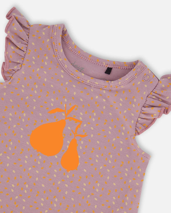 Printed Organic Cotton Top And Bloomer Set Purple With Pear Seeds Sets Deux par Deux