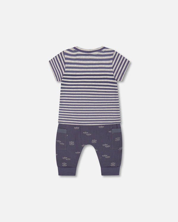 Organic Cotton Top And Muslin Pant Set Striped Navy - G30D10_066