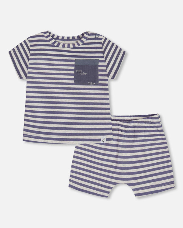 Organic Cotton Short Sleeve Top And Short Set Striped Navy Sets Deux par Deux