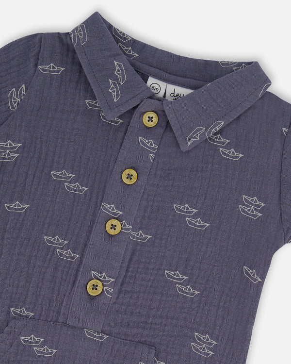 Printed Muslin Romper Navy Blue Paper Boats - G30D42_065