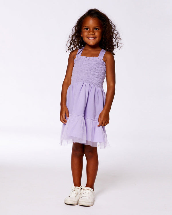 Smocked Organic Cotton Dress With Mesh Frill Lilac - G30H87_564