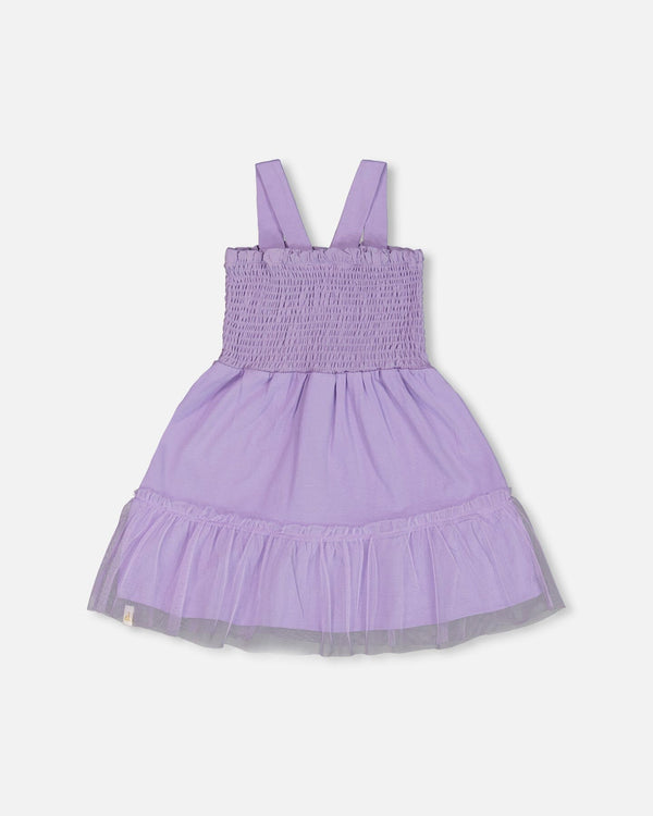 Smocked Organic Cotton Dress With Mesh Frill Lilac - G30H87_564