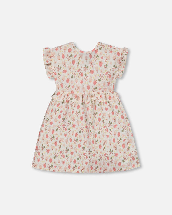 Printed Seersucker Dress With Frill Pink Flowers On Cream Background - G30I88_097