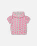 Printed Terry Short Sleeve Hoodie Cardigan Vibrant Pink And White - G30MG30_624