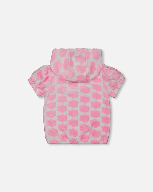 Printed Terry Short Sleeve Hoodie Cardigan Vibrant Pink And White - G30MG30_624
