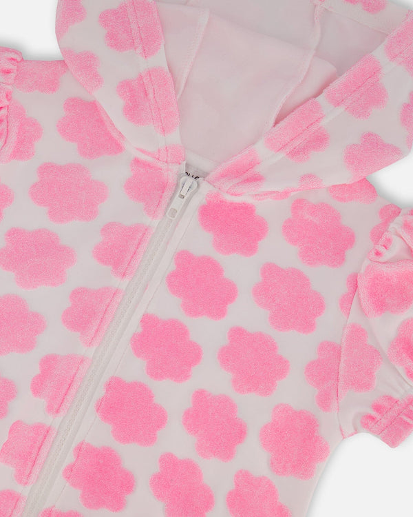 Printed Terry Short Sleeve Hoodie Cardigan Vibrant Pink And White - G30MG30_624