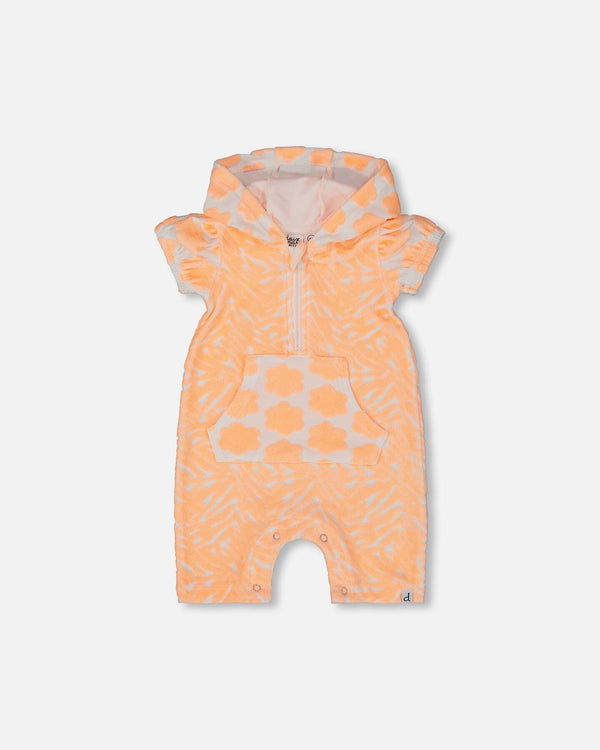 Printed Terry Romper With Hood Vibrant Orange And White - G30MG40_807