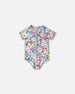 Printed Short Sleeve One-Piece Swimsuit With Frills White, Pink, And Green Flowers Swimwear Deux par Deux