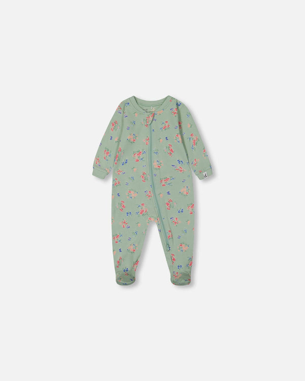 Printed Organic Cotton One-Piece Pajama Small Pink And Blue Flowers On Light Sage Pajamas Deux par Deux