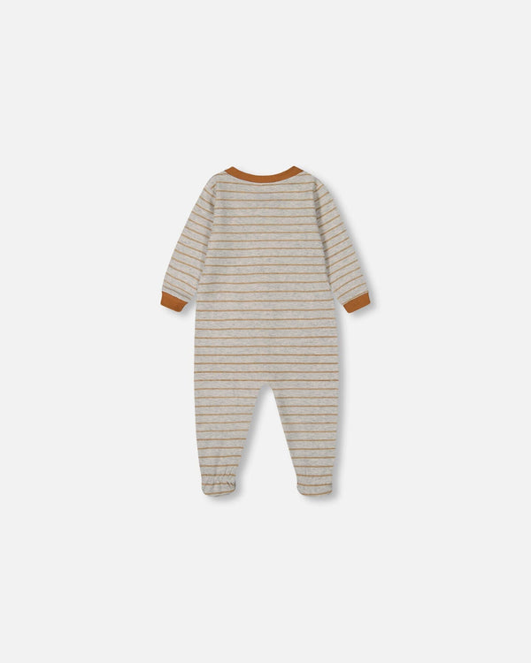 Printed Organic Cotton One-Piece Pajama Dinosaur On Mottled And Tan Background Pajamas Deux par Deux