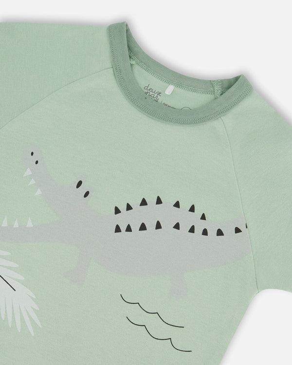 Organic Cotton Two-Piece Short Pajama Set Light Sage And Gray Crocodile Pajamas Deux par Deux