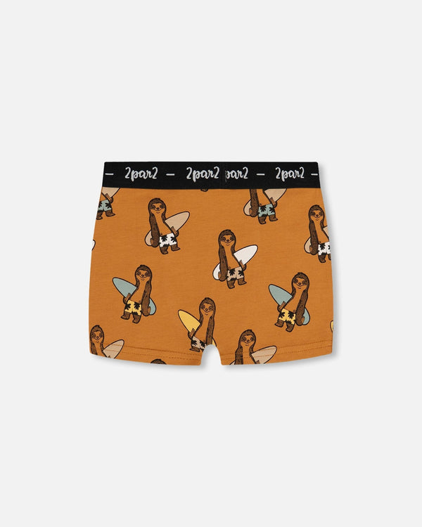 Printed Organic Cotton Boxer Shorts Sloths On Tan Background - G30PB60_044