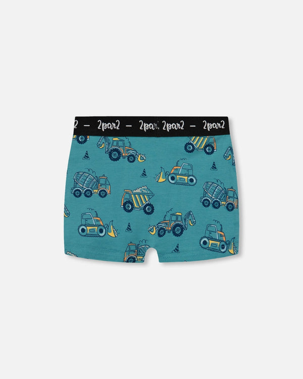 Printed Organic Cotton Boxer Shorts Teal With Yellow Truck - G30PB60_045