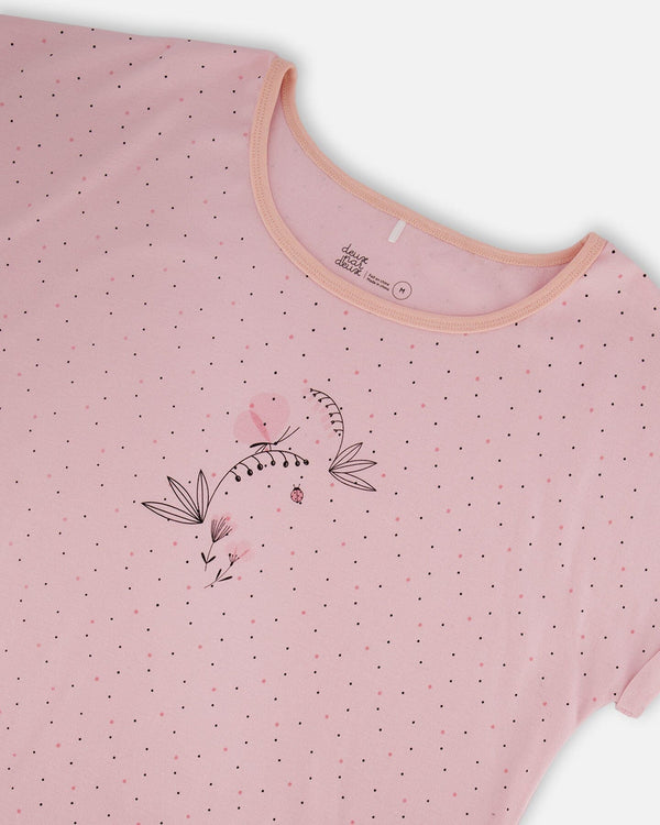 Women'S Printed Organic Cotton Two-Piece Pajama Set Small Pink Flowers On Pale Pink Background - G30PG16_028