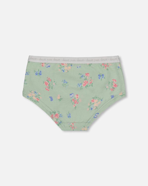 Printed Organic Cotton Boyshort Panty Small Pink And Blue Flowers On Light Sage - G30PG60_029