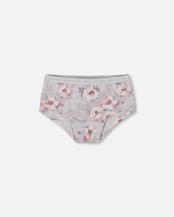 Printed Organic Cotton Boyshort Panty Pale Pink Flowers On Neutral Lilac - G30PG60_032
