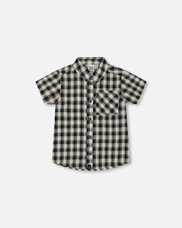 Short Sleeve Button Down Shirt Black And Beige Plaid Tees & Tops Deux par Deux