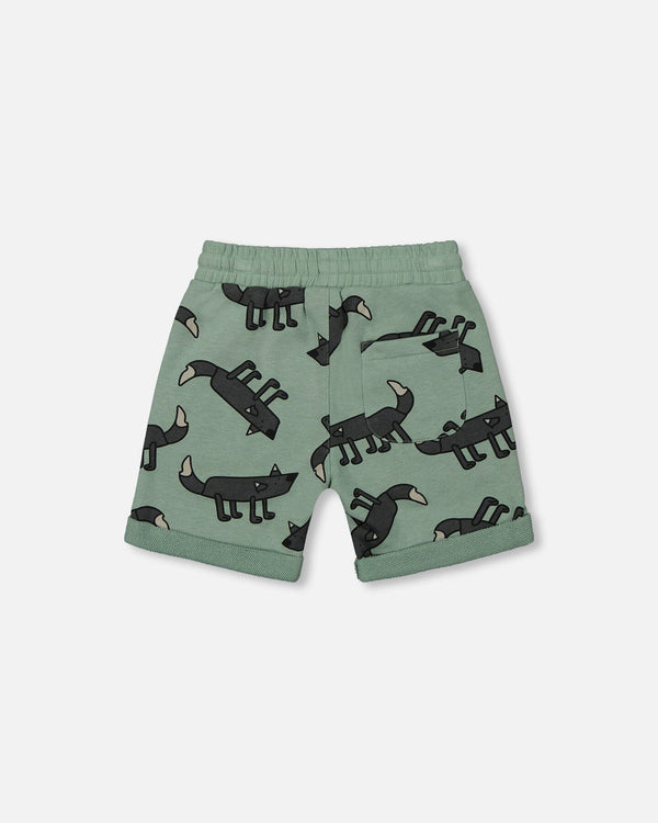 Printed French Terry Short Gray Wolf On Teal Background - G30U27_158