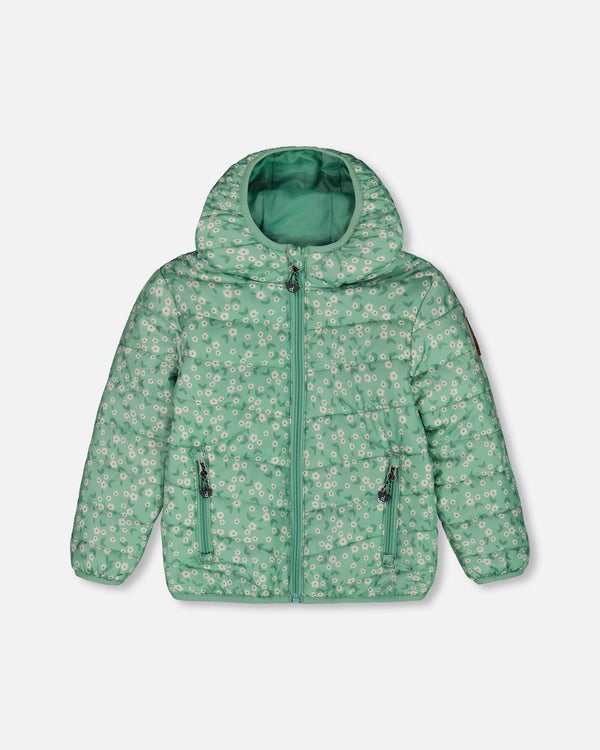 Printed Quilted Mid-Season Jacket Small White Flowers On Sage Green Background - G30W58_013