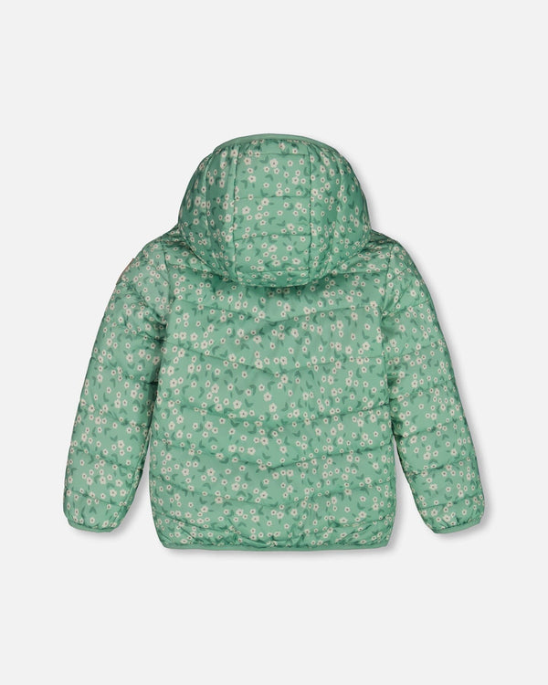 Printed Quilted Mid-Season Jacket Small White Flowers On Sage Green Background - G30W58_013