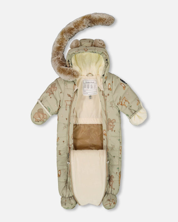 One-Piece Baby Layette Snowsuit Designed For Car Seat Green Animal Print - H10A601_002