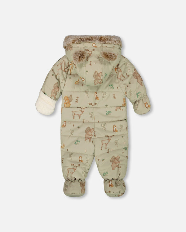 One-Piece Baby Layette Snowsuit Designed For Car Seat Green Animal Print - H10A601_002