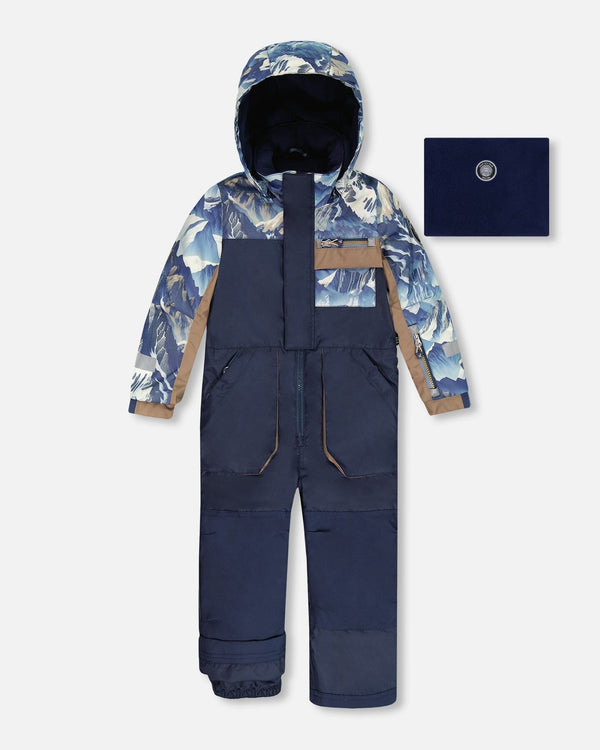 One-Piece Play Snowsuit With Mountains Print Navy Blue - H10PB73_479