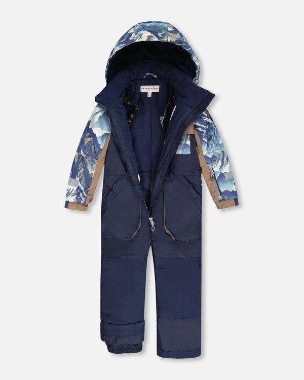 One-Piece Play Snowsuit With Mountains Print Navy Blue - H10PB73_479