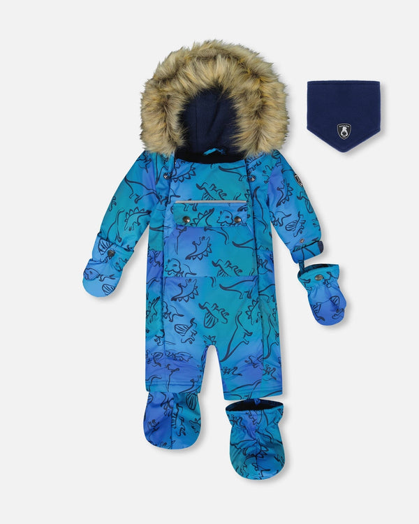 One-Piece Baby Play Snowsuit Designed For Car Seat Blue Gradient Dinosaur Print - H10PBB75_027