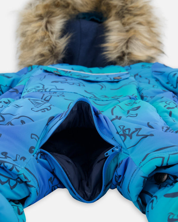 One-Piece Baby Play Snowsuit Designed For Car Seat Blue Gradient Dinosaur Print - H10PBB75_027