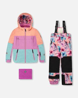 Two-Piece Teknik Snowsuit With Colorblocked Jacket Pink Watercolor Flower Print - H10TG92_012