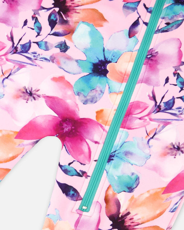 One-Piece Thermal Underwear Pink Watercolor Flower Print - H10Y700_012