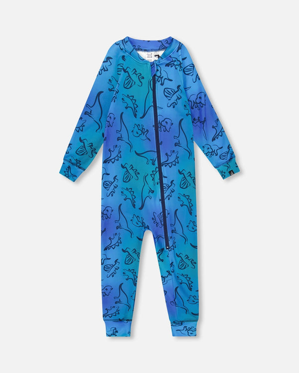 One-Piece Thermal Underwear Blue Gradient Dinosaur Print - H10Y700_027