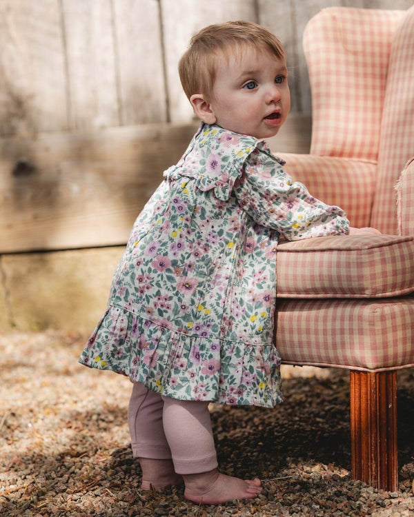 Printed Muslin Sage Floral Dress And Solid Leggings Set - H20A10_046