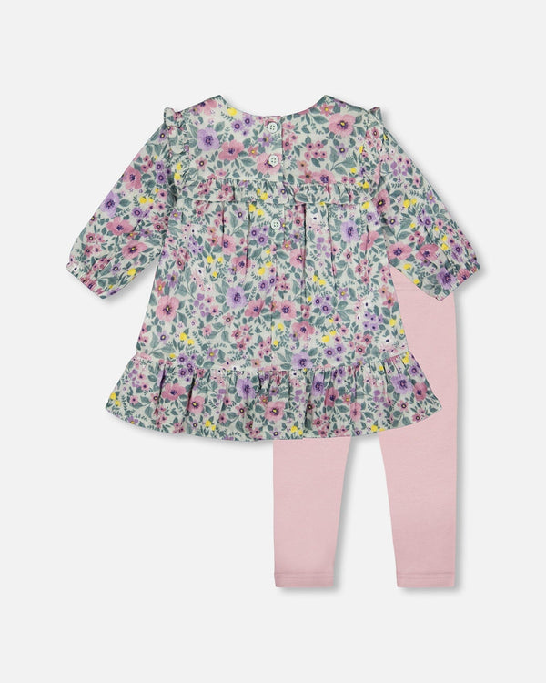 Printed Muslin Sage Floral Dress And Solid Leggings Set - H20A10_046