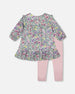 Printed Muslin Sage Floral Dress And Solid Leggings Set - H20A10_046