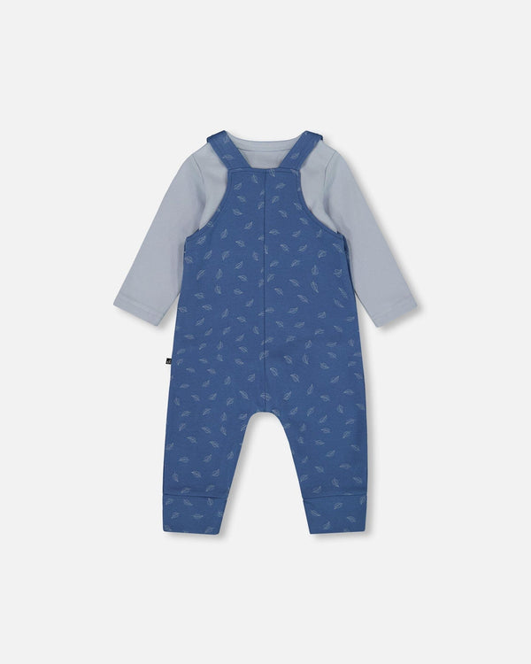 Organic Cotton Onesie And Overalls Set Blue Leaf Print - H20D13_053