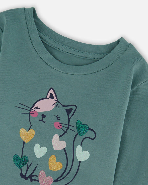 Organic Cotton T-Shirt Sage With Cat - H20E70_461