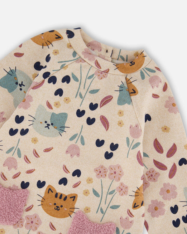 Glittering French Terry Dress Beige Printed Cat - H20E87_055