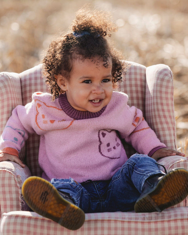 Knit Jacquard Sweater Dusty Pink With Cats - H20ET72_514