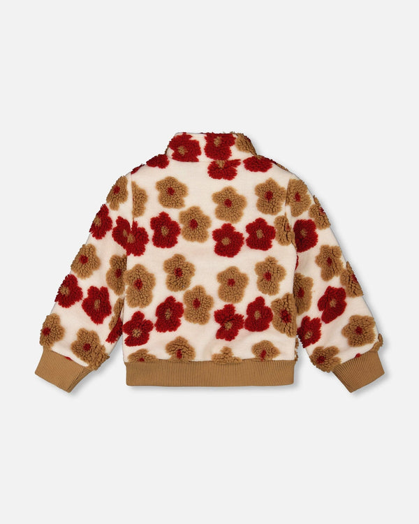 Full Zip Sherpa Jacket With Jacquard Floral Pattern Beige And Red - H20G52_000