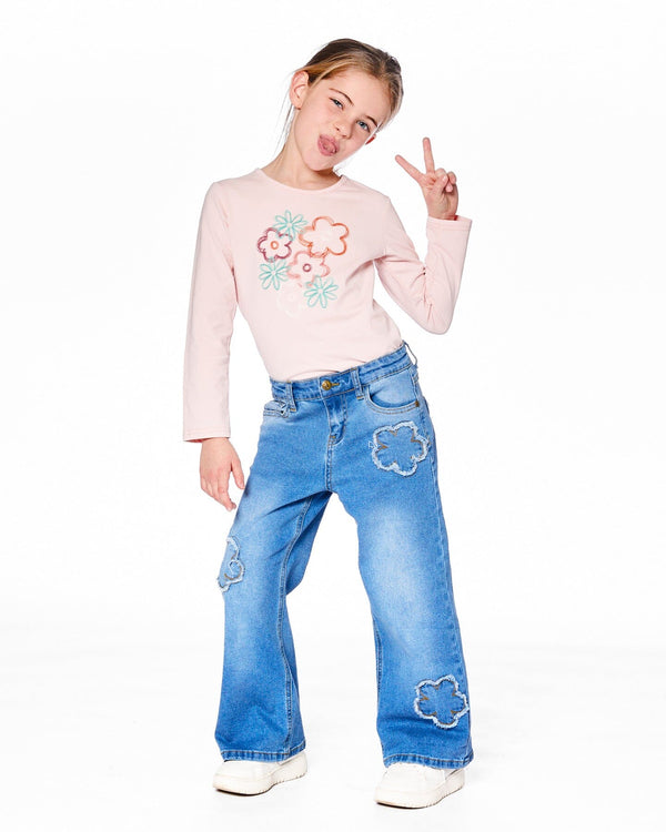 Organic Cotton Long Sleeve T-Shirt Light Pink With Big Flowers - H20G70_604