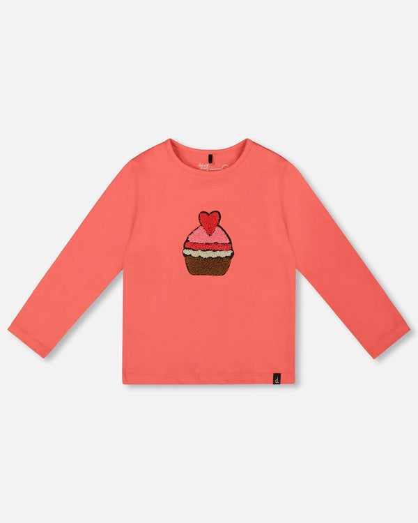 Organic Cotton T-Shirt Coral With Cupcake - H20H70_858